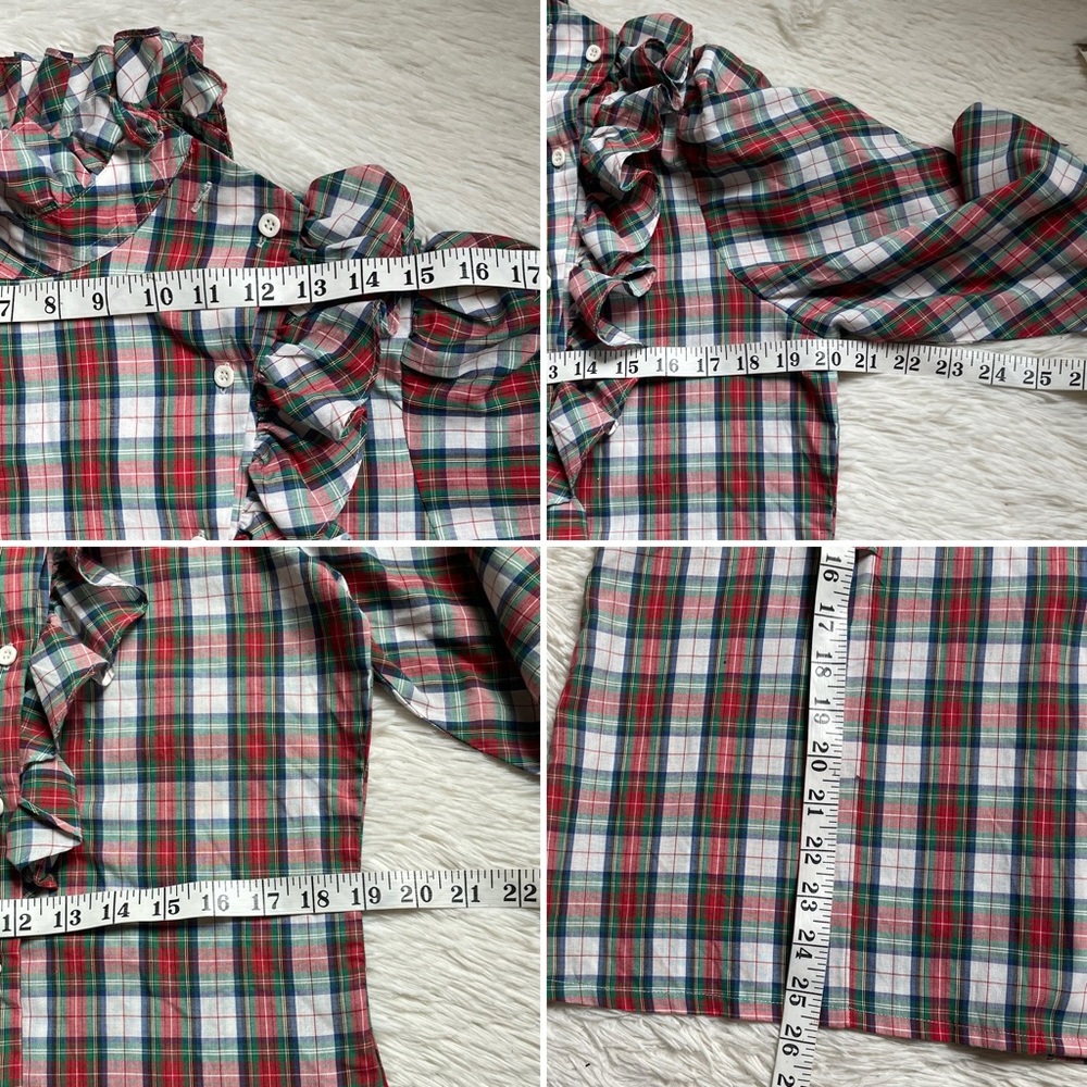 Vintage 80s high neck ruffle plaid button front shirt - Picture 10 of 13